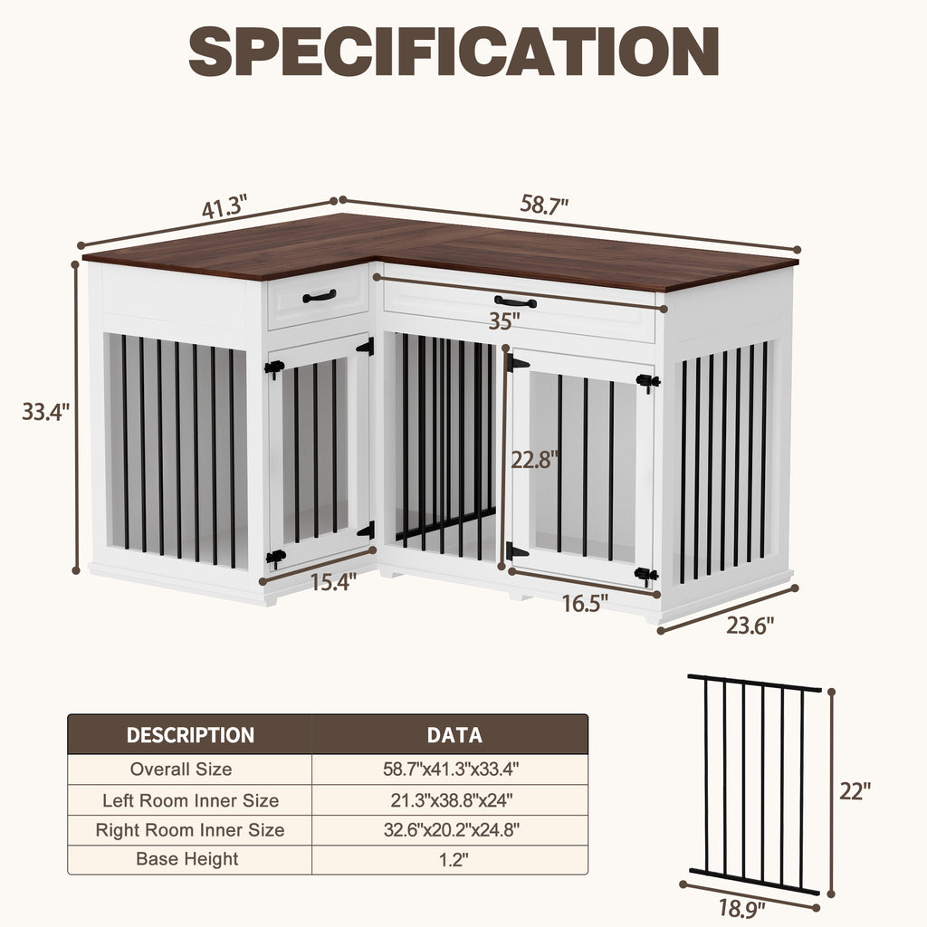 Large Corner Dog Crate Furniture for 2 Dogs with 2 Drawers, L Shape Dog
