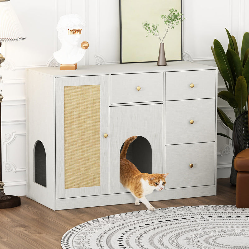 Hidden Cat Litter Box Enclosure Furniture with a Shelf & Drawers -180160