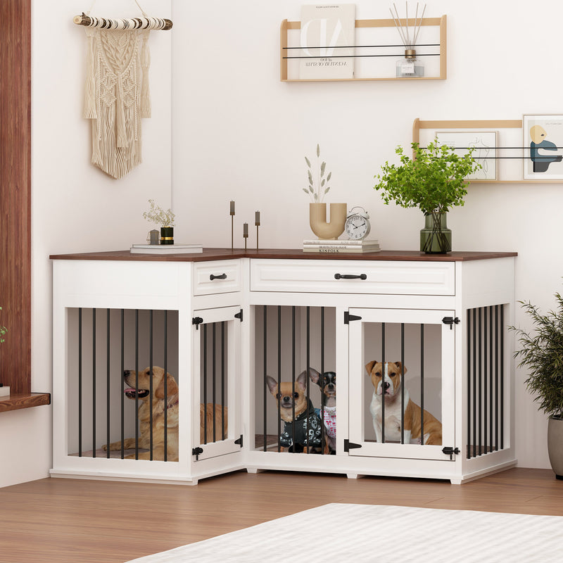 Large Corner Dog Crate Furniture for 2 Dogs with 2 Drawers-150152