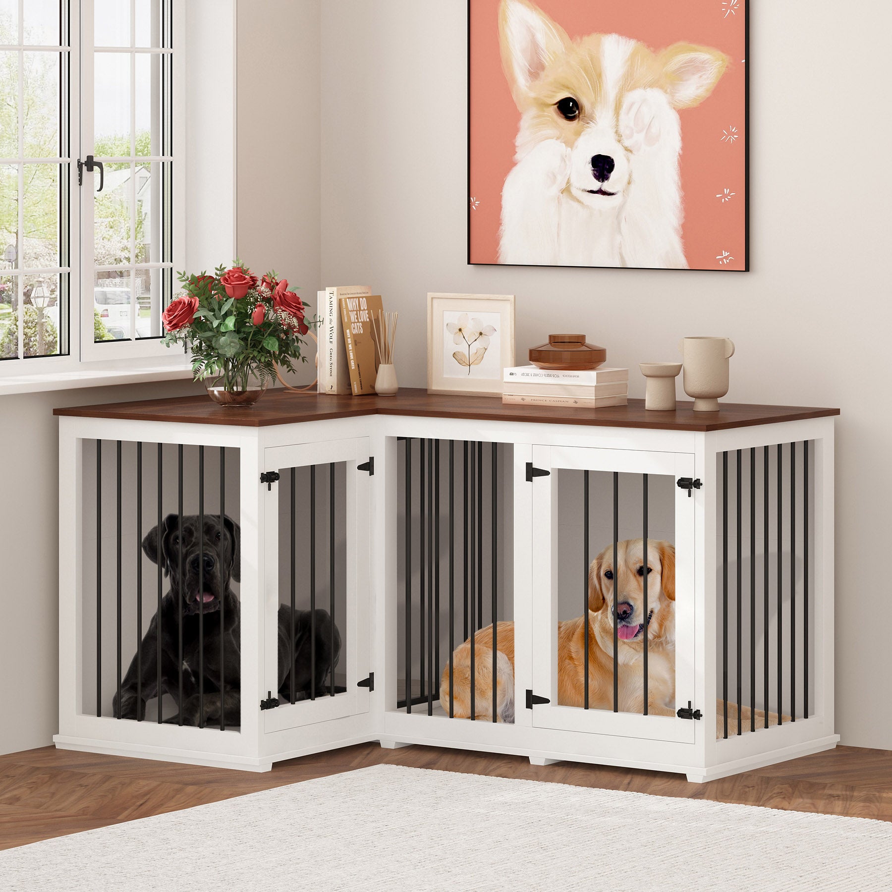 Dog Crate Furniture, 71 Inch Wood Dog Kennel, Dog Crate End Table with  Double Doors, Divider, TV Cansole Table, Indoor Dog Cage for Large Dog or 2