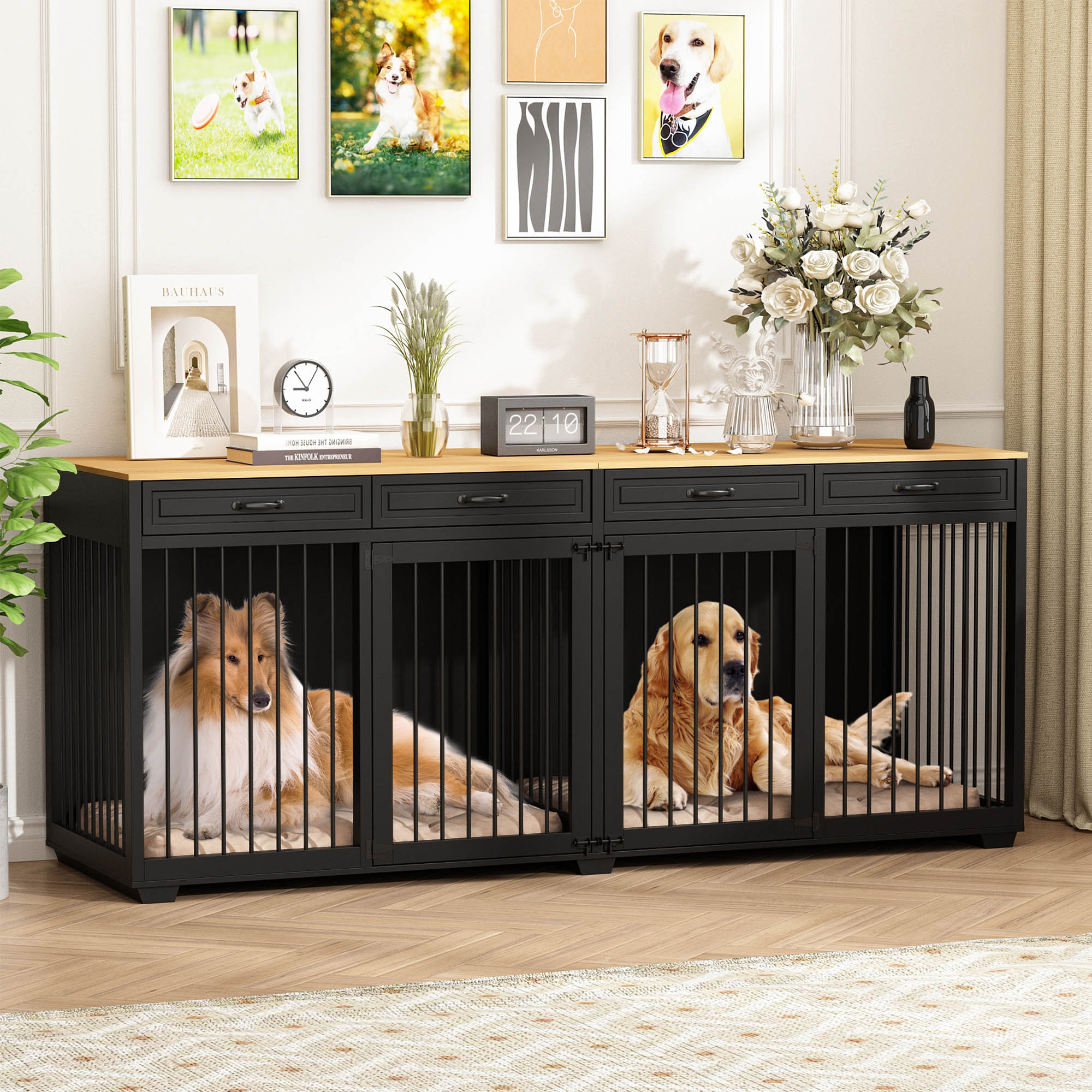 Wooden Dog Crate Furniture 39.4 Heavy Duty Dog Kennel with 2 Drawers End  Table