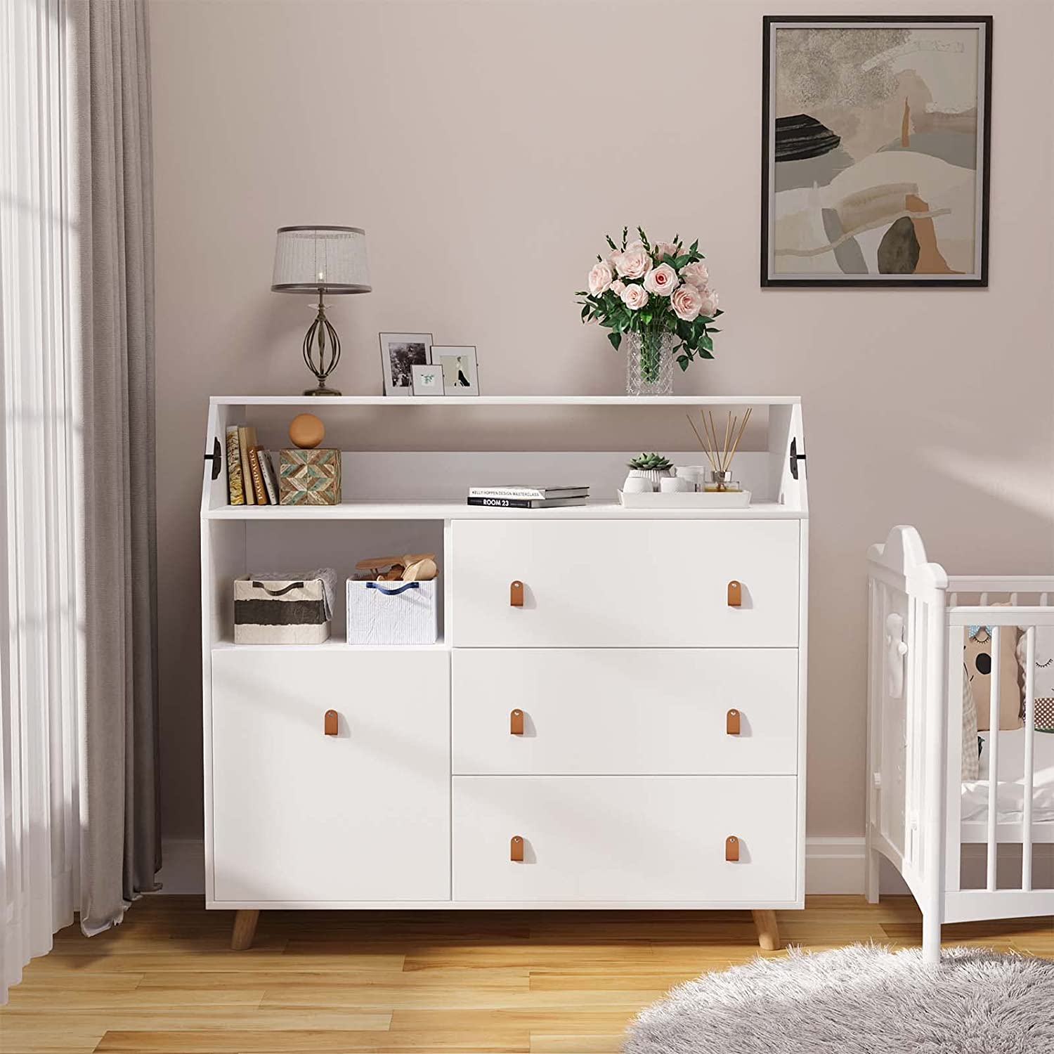 45 Inch Baby Changing Table Dresser, 2 in 1 Convertible Nursery Dresser  Chest for Infants with 4 Drawers & Shelf, Storage Changing Station Dresser,  White – Dawnspaces