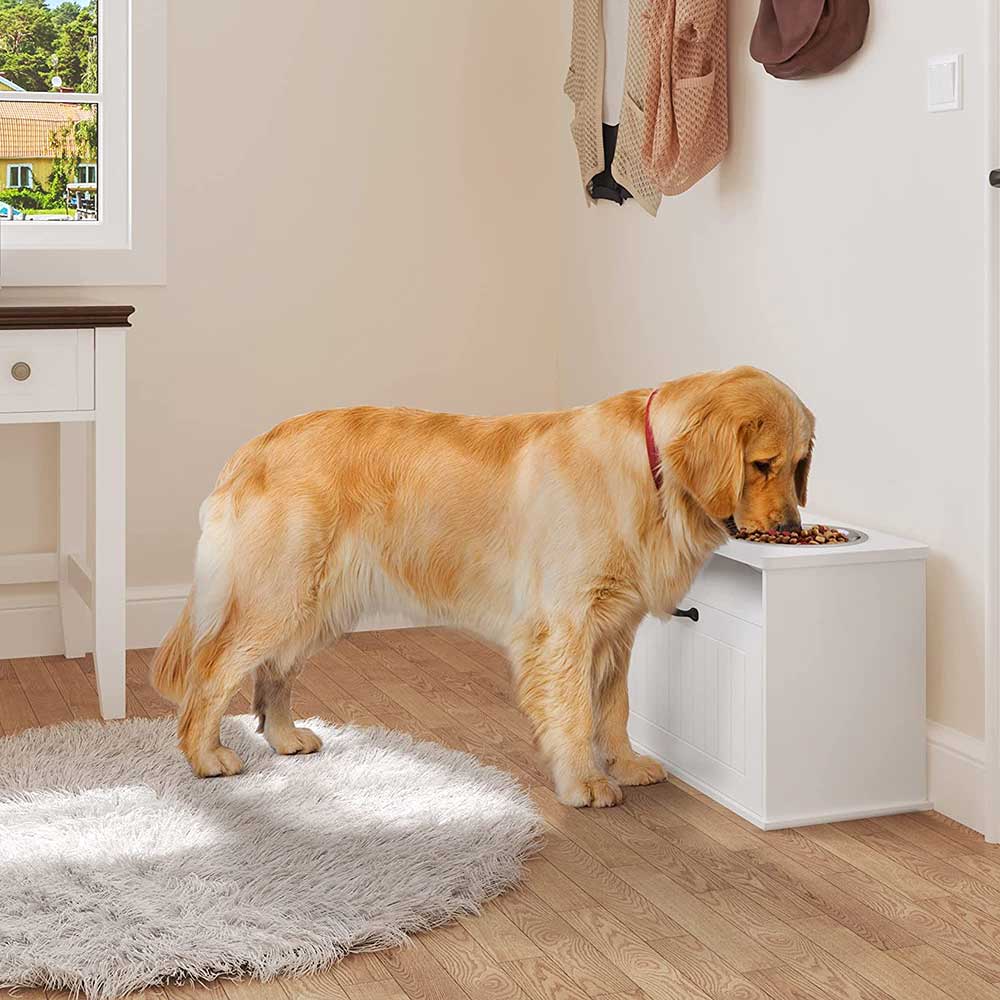 MYOYAY Dog Feeder Station Dog Food Storage Cabinet Pet Food Storage  Container with Dog Raised Bowls and Hanger for Feeding & Watering Supplies  White